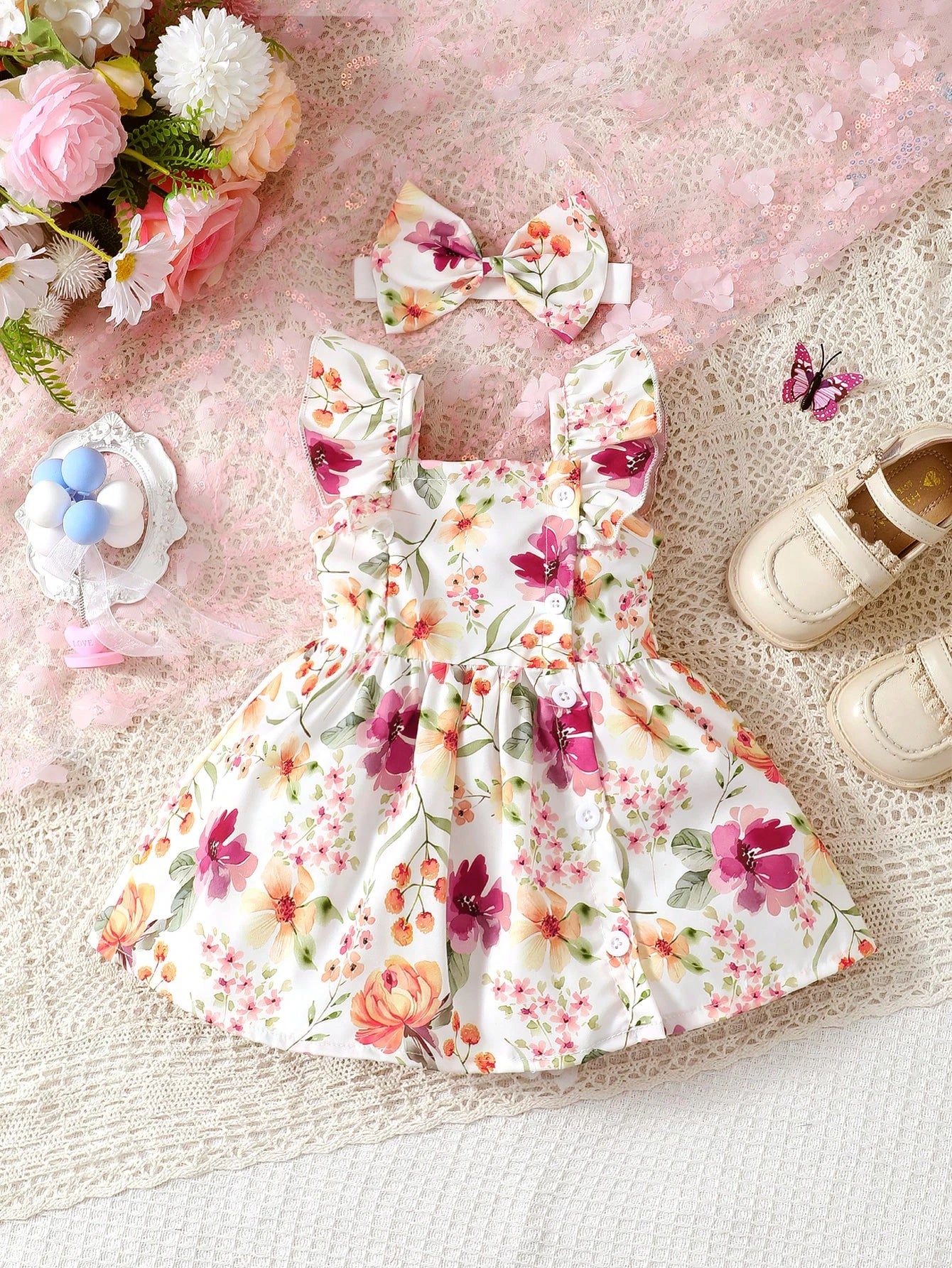 Baby Girl 2pcs/Set Summer Dress With Cap Sleeves, Spaghetti Straps, Lovely Watercolor Floral Print And Hairband