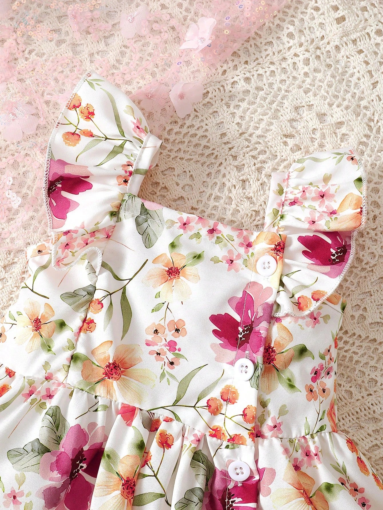 Baby Girl 2pcs/Set Summer Dress With Cap Sleeves, Spaghetti Straps, Lovely Watercolor Floral Print And Hairband