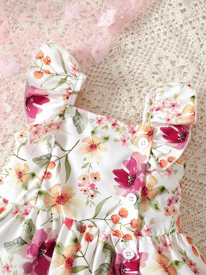Baby Girl 2pcs/Set Summer Dress With Cap Sleeves, Spaghetti Straps, Lovely Watercolor Floral Print And Hairband