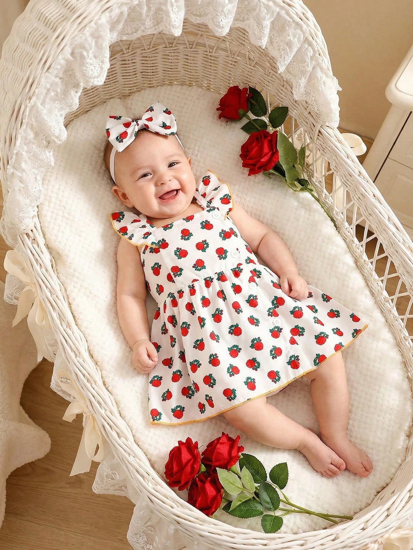Baby Girl 2pcs/Set Summer Dress With Cap Sleeves, Spaghetti Straps, Lovely Watercolor Floral Print And Hairband
