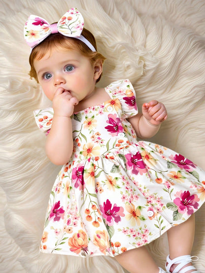 Baby Girl 2pcs/Set Summer Dress With Cap Sleeves, Spaghetti Straps, Lovely Watercolor Floral Print And Hairband