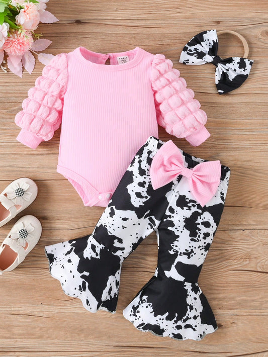 Baby Girl 3pcs/Set Round Neck Bubble Long Sleeve Bodysuit + Flared Pants + Bow Headband