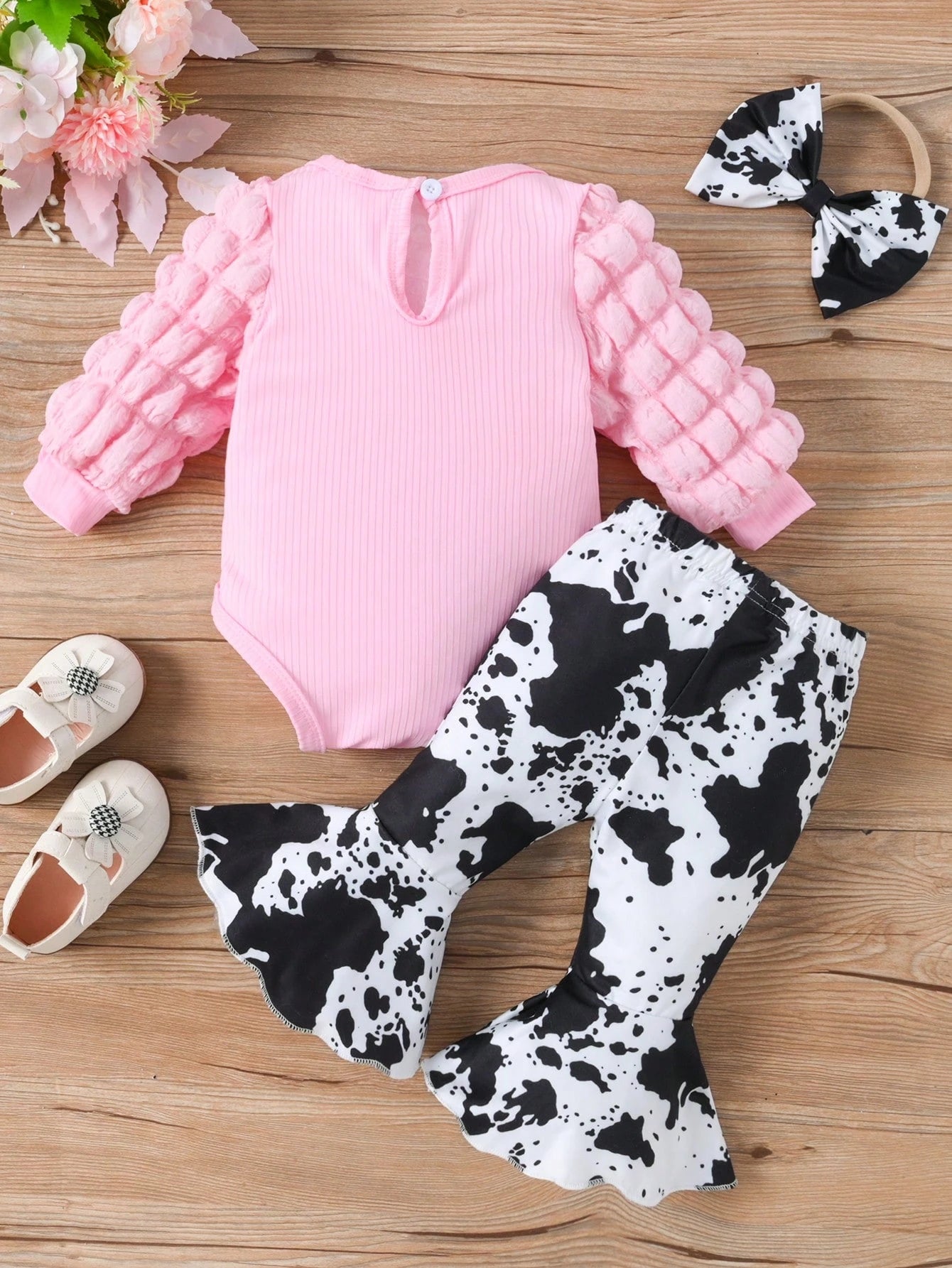 Baby Girl 3pcs/Set Round Neck Bubble Long Sleeve Bodysuit + Flared Pants + Bow Headband