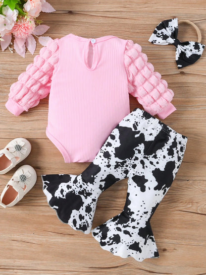 Baby Girl 3pcs/Set Round Neck Bubble Long Sleeve Bodysuit + Flared Pants + Bow Headband