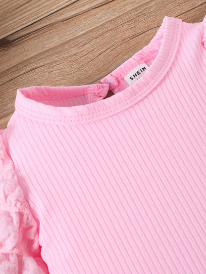 Baby Girl 3pcs/Set Round Neck Bubble Long Sleeve Bodysuit + Flared Pants + Bow Headband