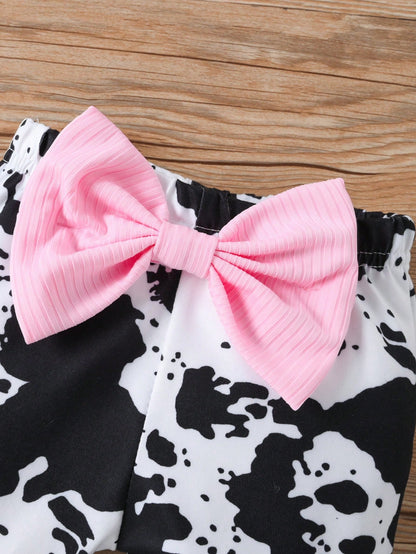 Baby Girl 3pcs/Set Round Neck Bubble Long Sleeve Bodysuit + Flared Pants + Bow Headband