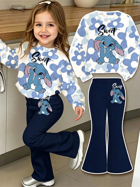 Baby Girl Casual Knit Soft Thick Crew Neck Long Sleeve Sweatshirt & Flared Leggings Set, Suitable For Autumn/Winter