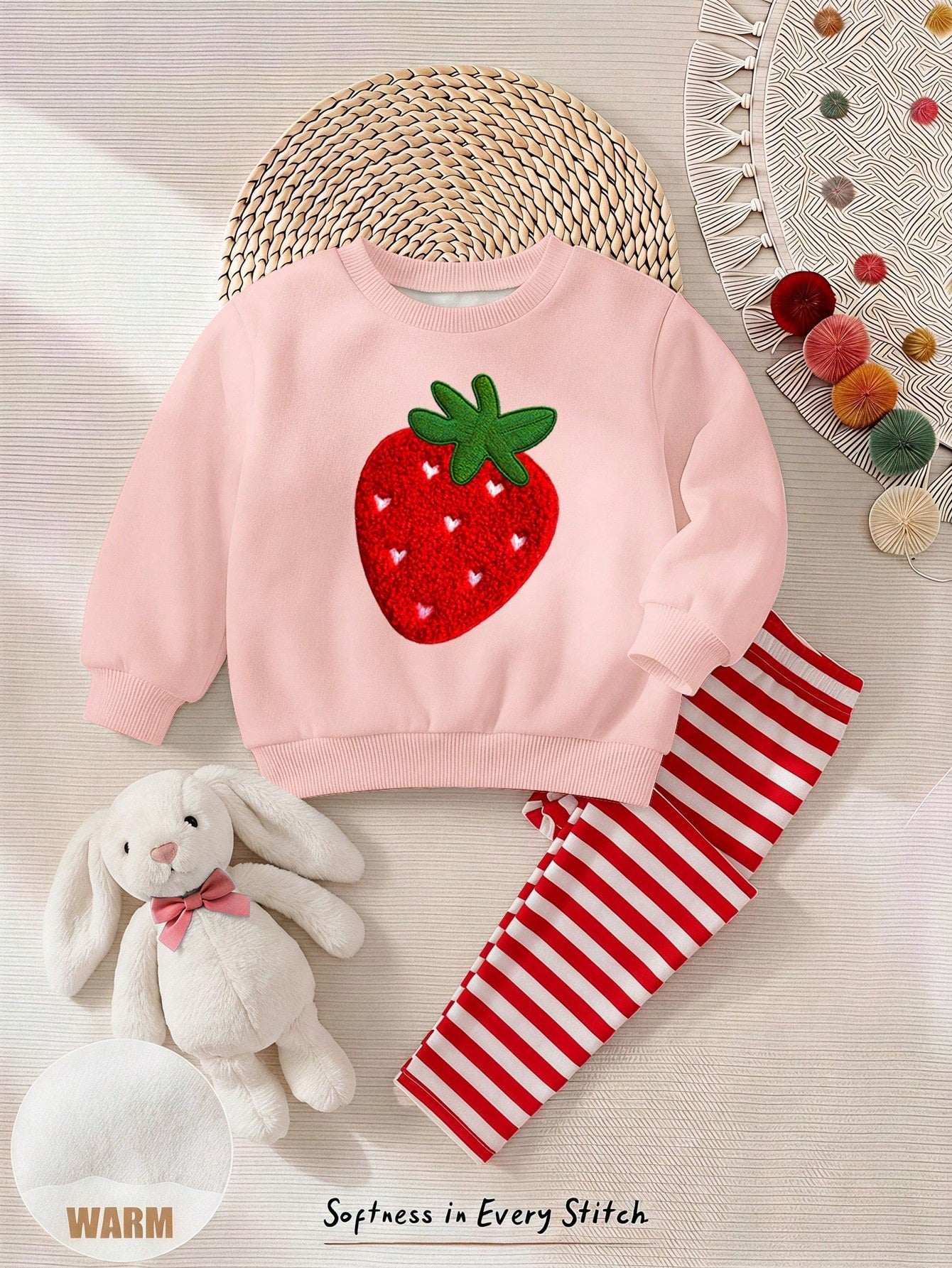 Baby Girl Casual Minimalist Cute Textured Strawberry Pattern, Red Stripes, Vintage Style, Loose Round Neck Sweatshirt Elastic Waist Long Pants Set Suitable For Autumn/Winter, Graphic, Cozy, Girls Outf