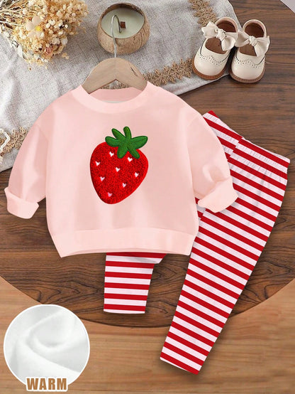 Baby Girl Casual Minimalist Cute Textured Strawberry Pattern, Red Stripes, Vintage Style, Loose Round Neck Sweatshirt Elastic Waist Long Pants Set Suitable For Autumn/Winter, Graphic, Cozy, Girls Outf