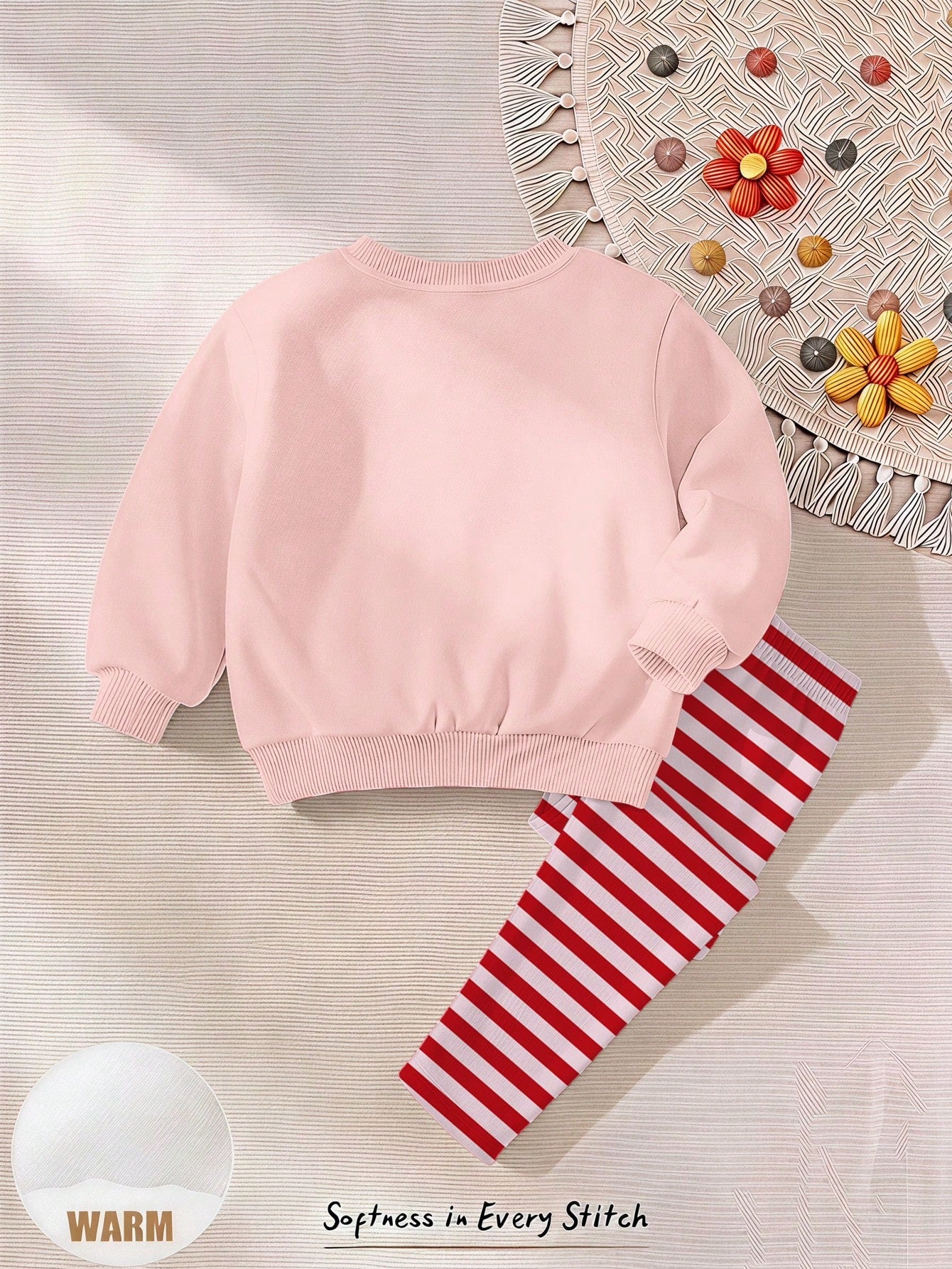 Baby Girl Casual Minimalist Cute Textured Strawberry Pattern, Red Stripes, Vintage Style, Loose Round Neck Sweatshirt Elastic Waist Long Pants Set Suitable For Autumn/Winter, Graphic, Cozy, Girls Outf