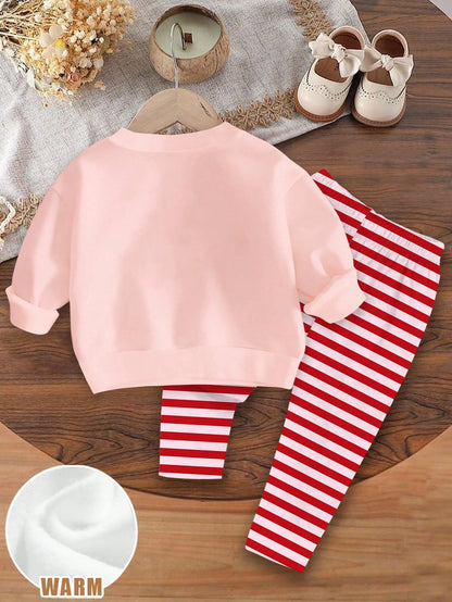 Baby Girl Casual Minimalist Cute Textured Strawberry Pattern, Red Stripes, Vintage Style, Loose Round Neck Sweatshirt Elastic Waist Long Pants Set Suitable For Autumn/Winter, Graphic, Cozy, Girls Outf