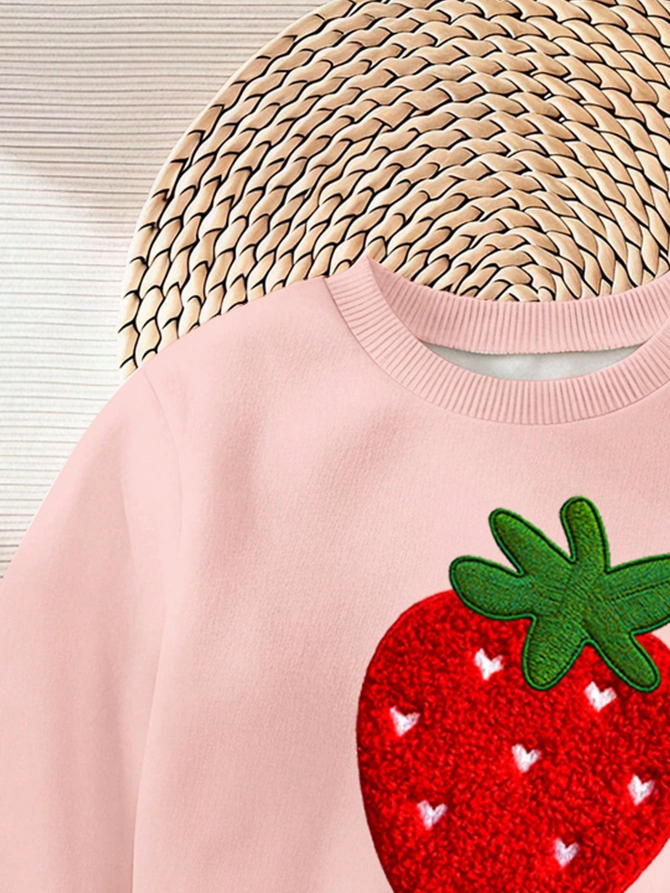 Baby Girl Casual Minimalist Cute Textured Strawberry Pattern, Red Stripes, Vintage Style, Loose Round Neck Sweatshirt Elastic Waist Long Pants Set Suitable For Autumn/Winter, Graphic, Cozy, Girls Outf