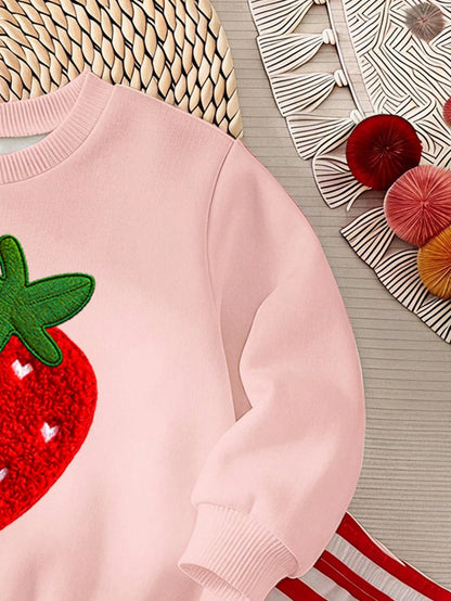 Baby Girl Casual Minimalist Cute Textured Strawberry Pattern, Red Stripes, Vintage Style, Loose Round Neck Sweatshirt Elastic Waist Long Pants Set Suitable For Autumn/Winter, Graphic, Cozy, Girls Outf