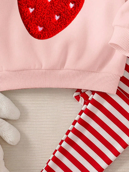 Baby Girl Casual Minimalist Cute Textured Strawberry Pattern, Red Stripes, Vintage Style, Loose Round Neck Sweatshirt Elastic Waist Long Pants Set Suitable For Autumn/Winter, Graphic, Cozy, Girls Outf