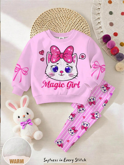 Baby Girl Casual Simple Cute Shiny Textured Cartoon Kitty Cat Pattern, Pink Bow, Cream Pink White Plaid, Loose Round Neck Sweatshirt Elastic Waist Long Pants Set, Suitable For Autumn/Winter, Kawaii, C