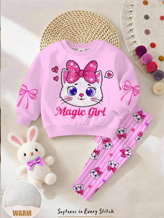 Baby Girl Casual Simple Cute Shiny Textured Cartoon Kitty Cat Pattern, Pink Bow, Cream Pink White Plaid, Loose Round Neck Sweatshirt Elastic Waist Long Pants Set, Suitable For Autumn/Winter, Kawaii, C