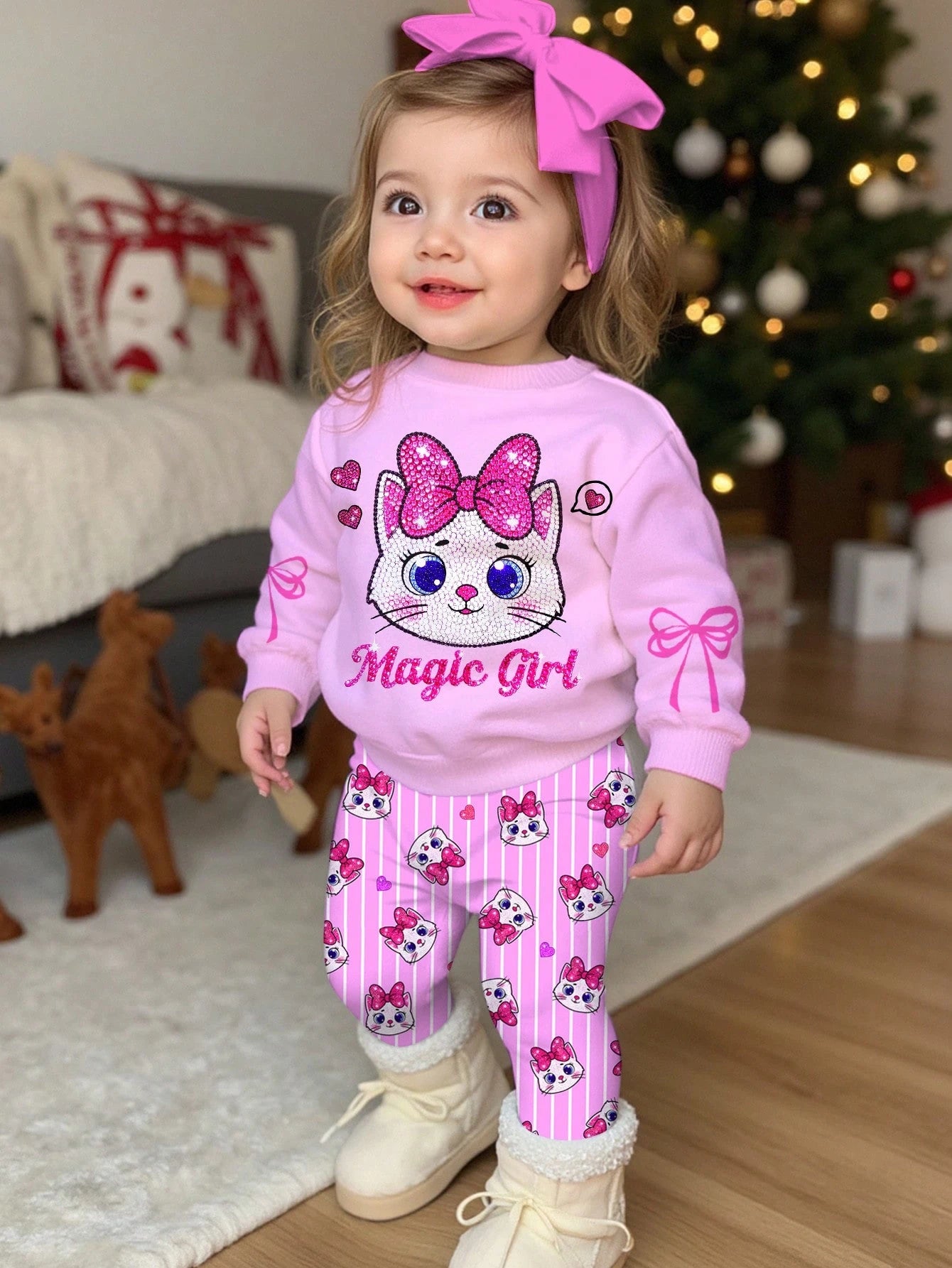 Baby Girl Casual Simple Cute Shiny Textured Cartoon Kitty Cat Pattern, Pink Bow, Cream Pink White Plaid, Loose Round Neck Sweatshirt Elastic Waist Long Pants Set, Suitable For Autumn/Winter, Kawaii, C