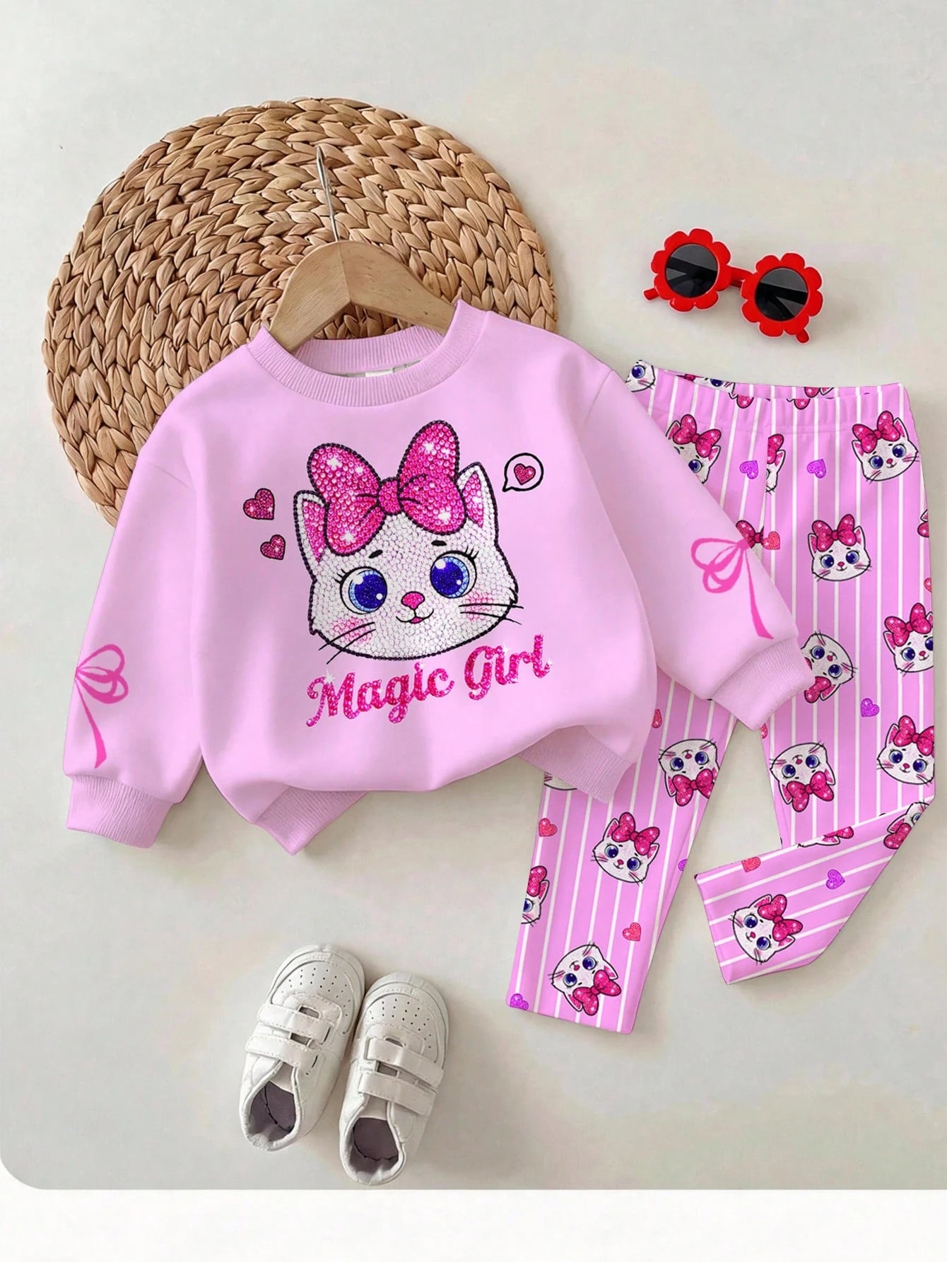 Baby Girl Casual Simple Cute Shiny Textured Cartoon Kitty Cat Pattern, Pink Bow, Cream Pink White Plaid, Loose Round Neck Sweatshirt Elastic Waist Long Pants Set, Suitable For Autumn/Winter, Kawaii, C