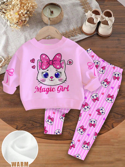 Baby Girl Casual Simple Cute Shiny Textured Cartoon Kitty Cat Pattern, Pink Bow, Cream Pink White Plaid, Loose Round Neck Sweatshirt Elastic Waist Long Pants Set, Suitable For Autumn/Winter, Kawaii, C