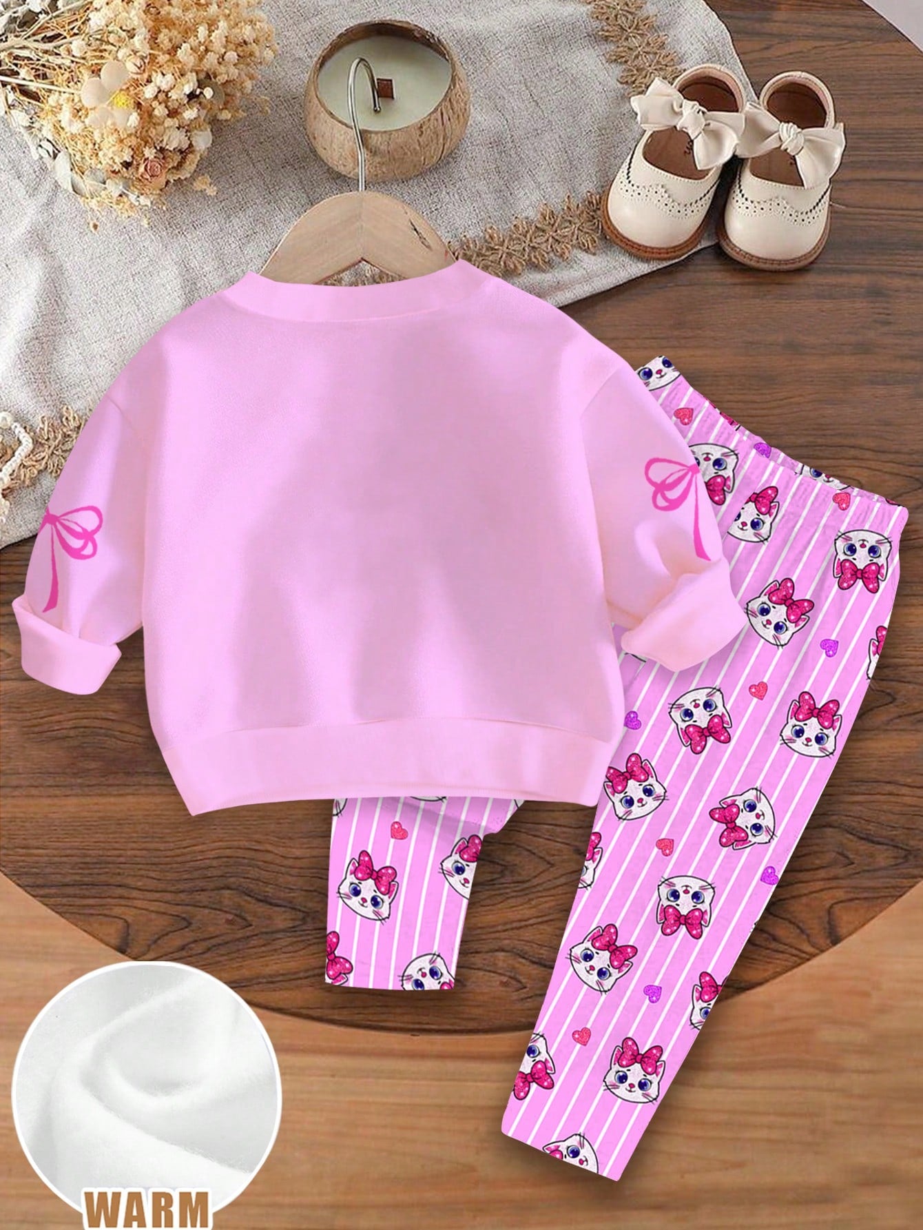 Baby Girl Casual Simple Cute Shiny Textured Cartoon Kitty Cat Pattern, Pink Bow, Cream Pink White Plaid, Loose Round Neck Sweatshirt Elastic Waist Long Pants Set, Suitable For Autumn/Winter, Kawaii, C