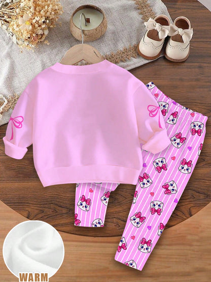 Baby Girl Casual Simple Cute Shiny Textured Cartoon Kitty Cat Pattern, Pink Bow, Cream Pink White Plaid, Loose Round Neck Sweatshirt Elastic Waist Long Pants Set, Suitable For Autumn/Winter, Kawaii, C
