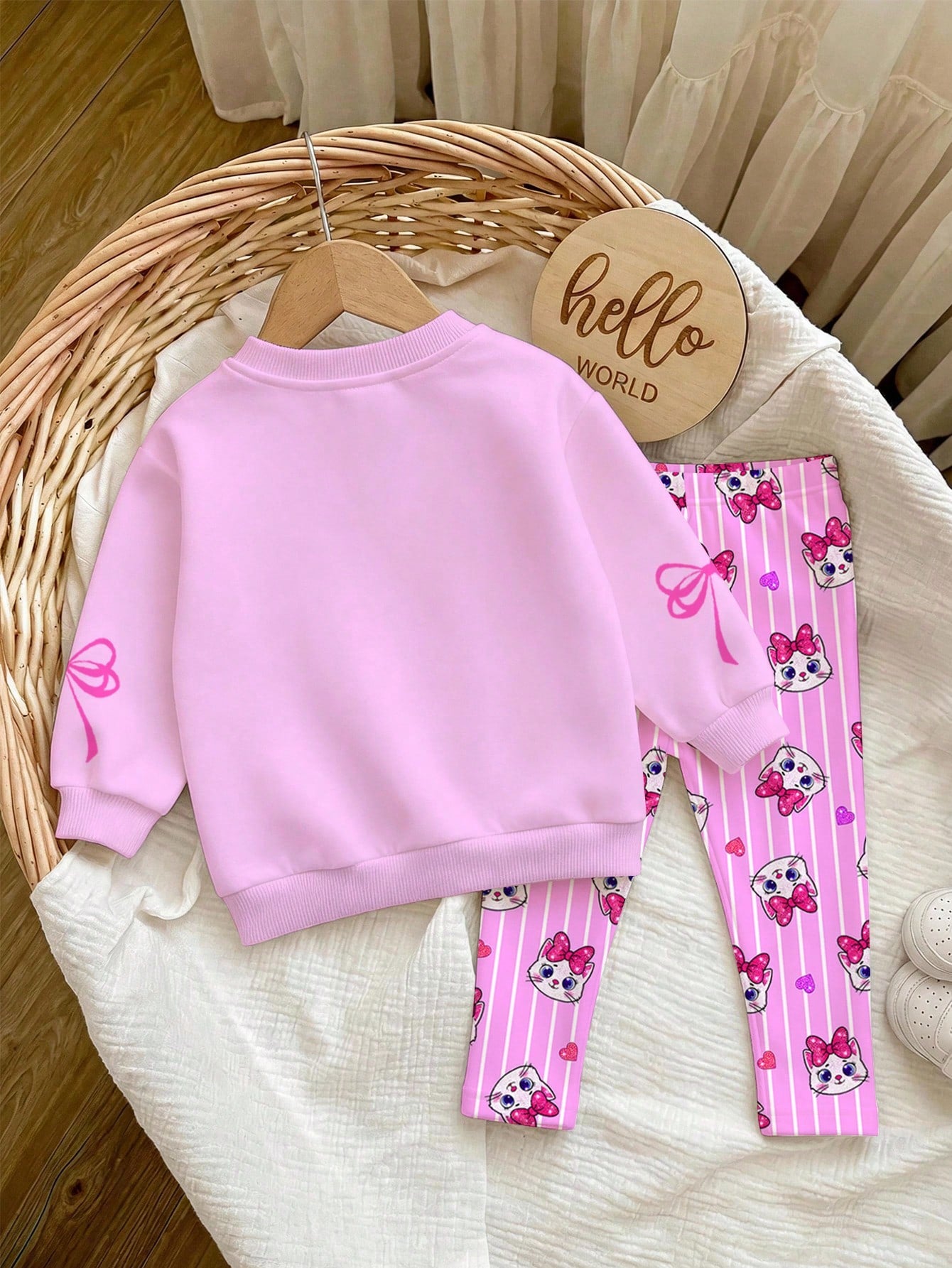 Baby Girl Casual Simple Cute Shiny Textured Cartoon Kitty Cat Pattern, Pink Bow, Cream Pink White Plaid, Loose Round Neck Sweatshirt Elastic Waist Long Pants Set, Suitable For Autumn/Winter, Kawaii, C