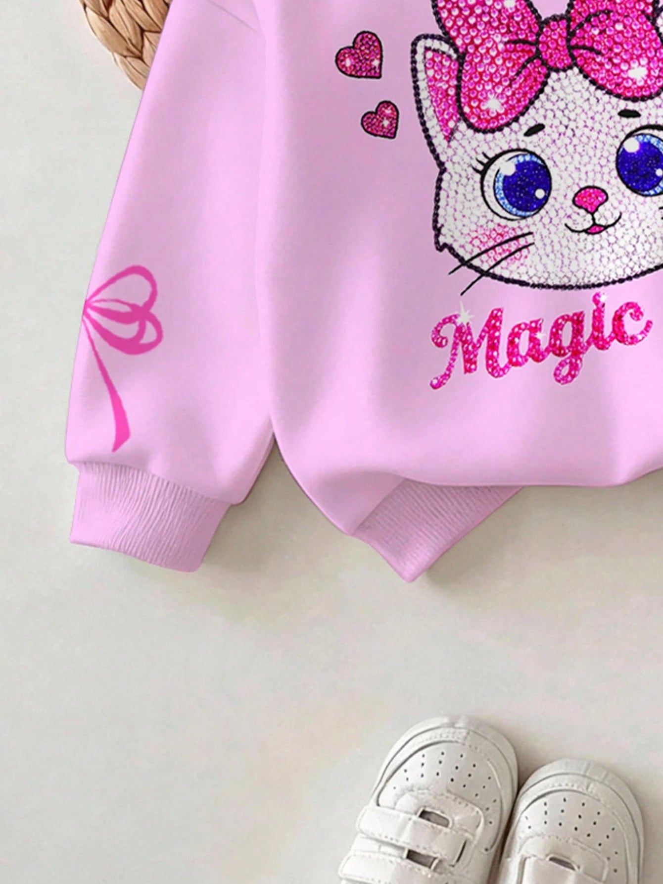 Baby Girl Casual Simple Cute Shiny Textured Cartoon Kitty Cat Pattern, Pink Bow, Cream Pink White Plaid, Loose Round Neck Sweatshirt Elastic Waist Long Pants Set, Suitable For Autumn/Winter, Kawaii, C