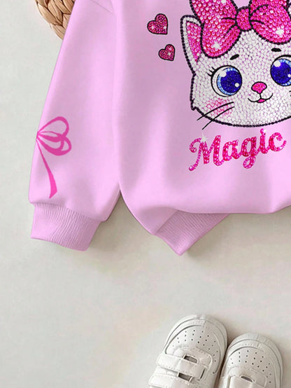 Baby Girl Casual Simple Cute Shiny Textured Cartoon Kitty Cat Pattern, Pink Bow, Cream Pink White Plaid, Loose Round Neck Sweatshirt Elastic Waist Long Pants Set, Suitable For Autumn/Winter, Kawaii, C