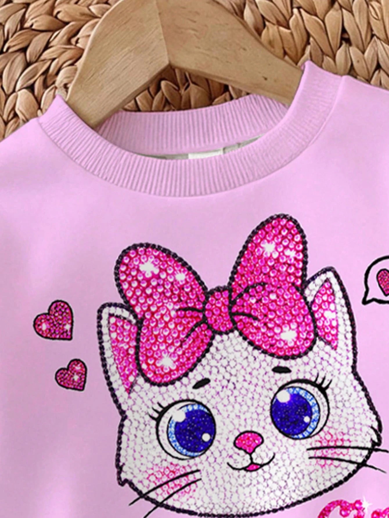 Baby Girl Casual Simple Cute Shiny Textured Cartoon Kitty Cat Pattern, Pink Bow, Cream Pink White Plaid, Loose Round Neck Sweatshirt Elastic Waist Long Pants Set, Suitable For Autumn/Winter, Kawaii, C