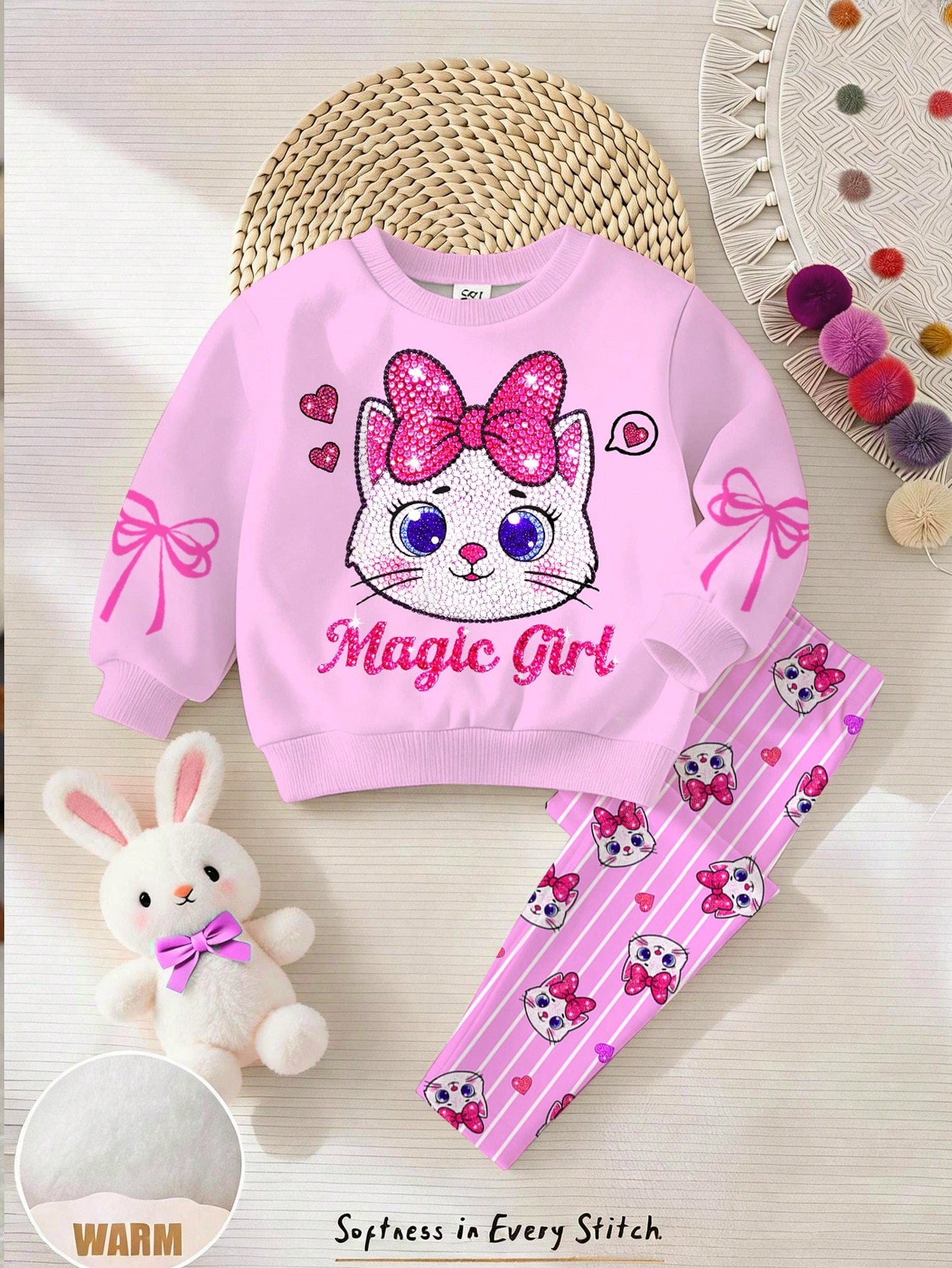 Baby Girl Casual Simple Cute Shiny Textured Cartoon Kitty Cat Pattern, Pink Bow, Cream Pink White Plaid, Loose Round Neck Sweatshirt Elastic Waist Long Pants Set, Suitable For Autumn/Winter, Kawaii, C