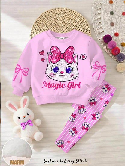 Baby Girl Casual Simple Cute Shiny Textured Cartoon Kitty Cat Pattern, Pink Bow, Cream Pink White Plaid, Loose Round Neck Sweatshirt Elastic Waist Long Pants Set, Suitable For Autumn/Winter, Kawaii, C