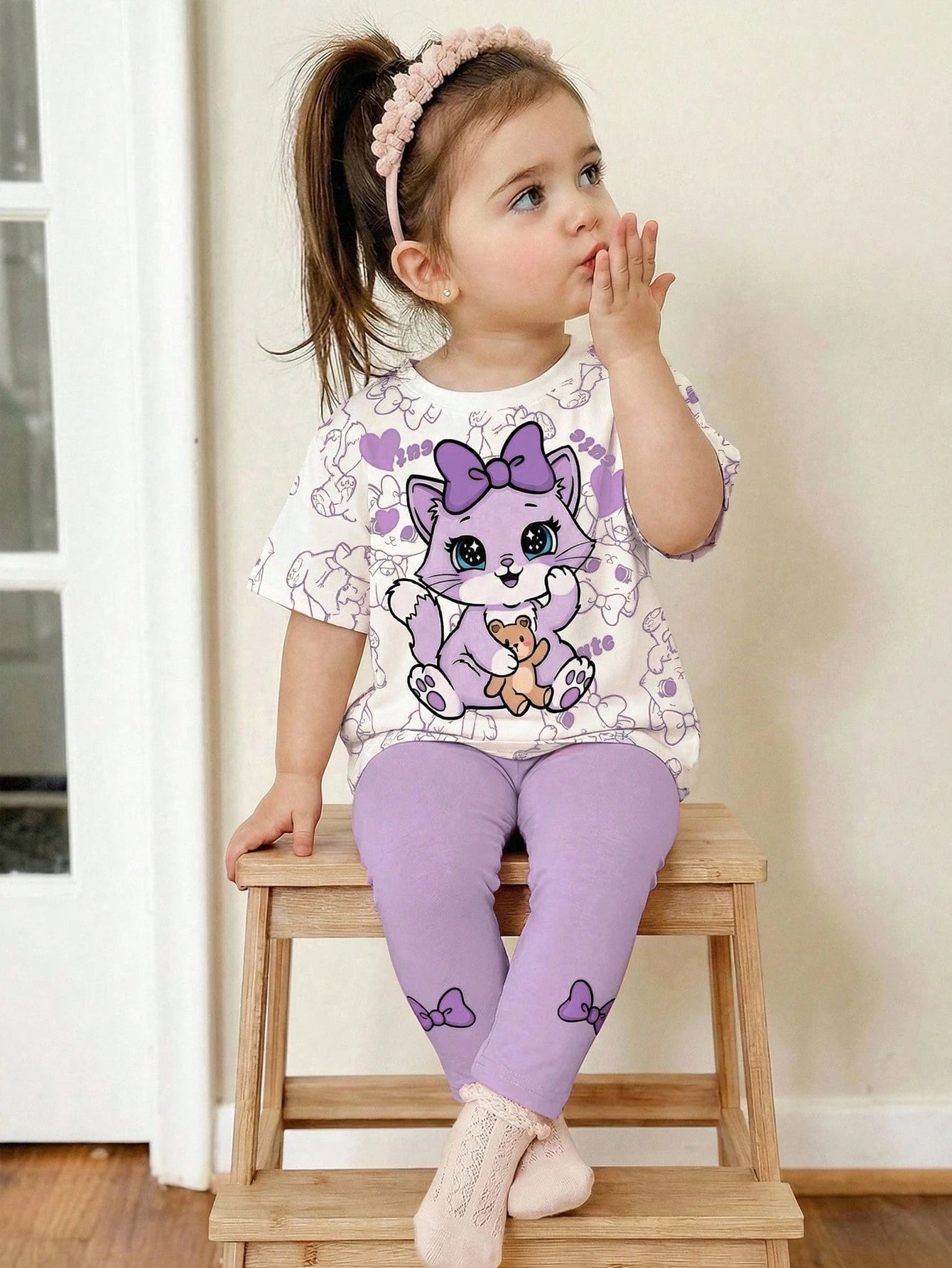 Baby Girl Cute Cat Print Cream White & Purple T-Shirt And Leggings Set, Summer Casual Soft Short Sleeve Outfits For Baby Girl 1-2 Years, Work & Daily Wear