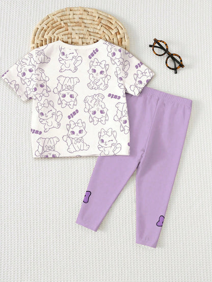 Baby Girl Cute Cat Print Cream White & Purple T-Shirt And Leggings Set, Summer Casual Soft Short Sleeve Outfits For Baby Girl 1-2 Years, Work & Daily Wear