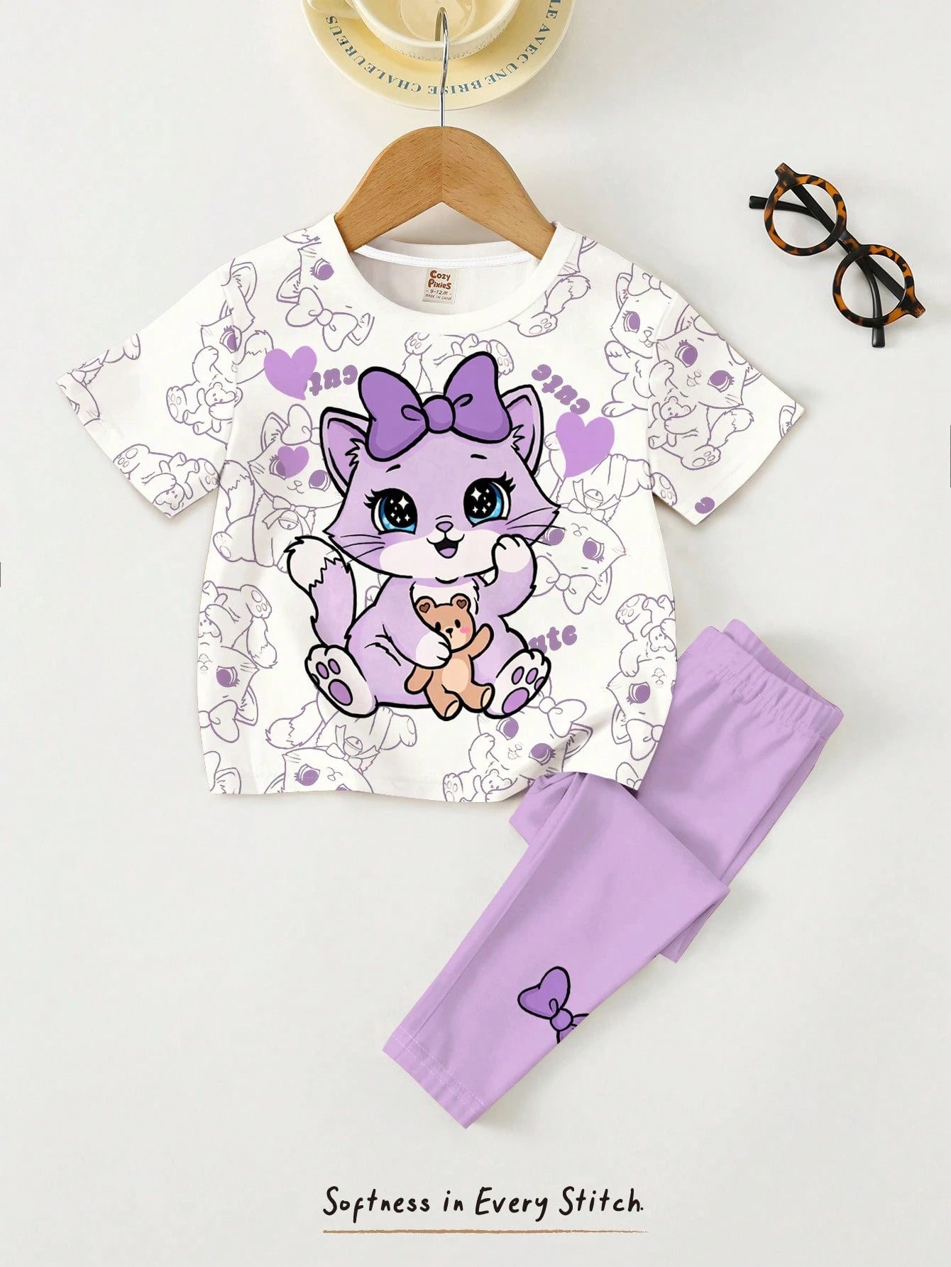 Baby Girl Cute Cat Print Cream White & Purple T-Shirt And Leggings Set, Summer Casual Soft Short Sleeve Outfits For Baby Girl 1-2 Years, Work & Daily Wear