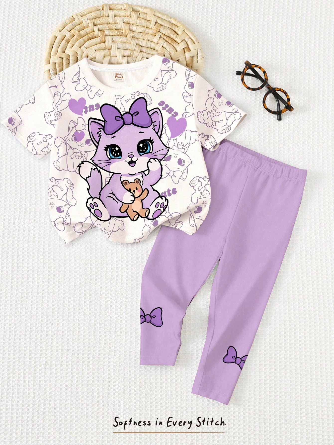 Baby Girl Cute Cat Print Cream White & Purple T-Shirt And Leggings Set, Summer Casual Soft Short Sleeve Outfits For Baby Girl 1-2 Years, Work & Daily Wear