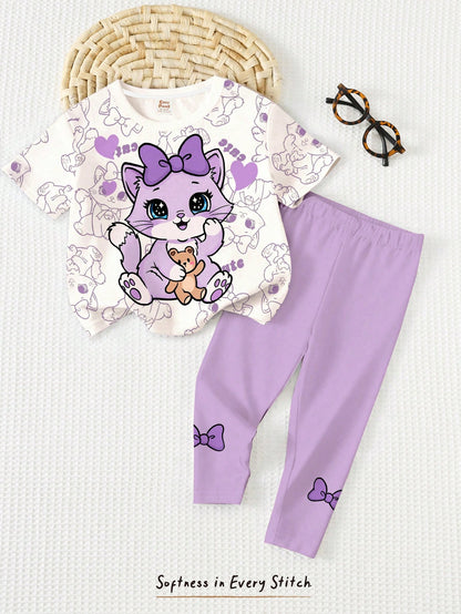 Baby Girl Cute Cat Print Cream White & Purple T-Shirt And Leggings Set, Summer Casual Soft Short Sleeve Outfits For Baby Girl 1-2 Years, Work & Daily Wear