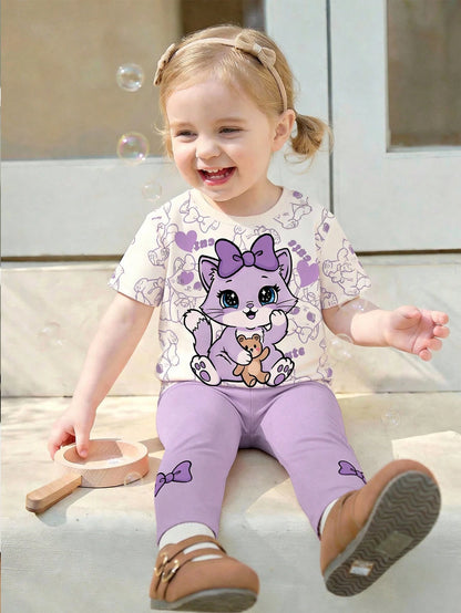 Baby Girl Cute Cat Print Cream White & Purple T-Shirt And Leggings Set, Summer Casual Soft Short Sleeve Outfits For Baby Girl 1-2 Years, Work & Daily Wear