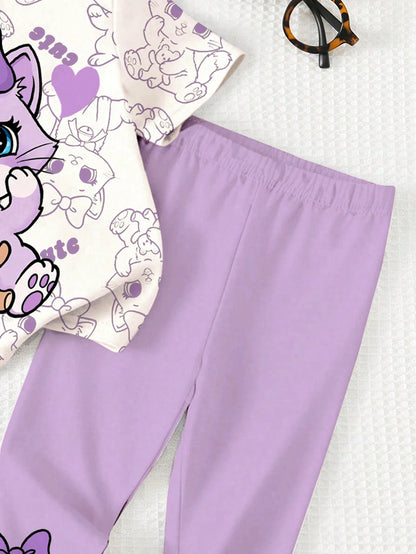 Baby Girl Cute Cat Print Cream White & Purple T-Shirt And Leggings Set, Summer Casual Soft Short Sleeve Outfits For Baby Girl 1-2 Years, Work & Daily Wear