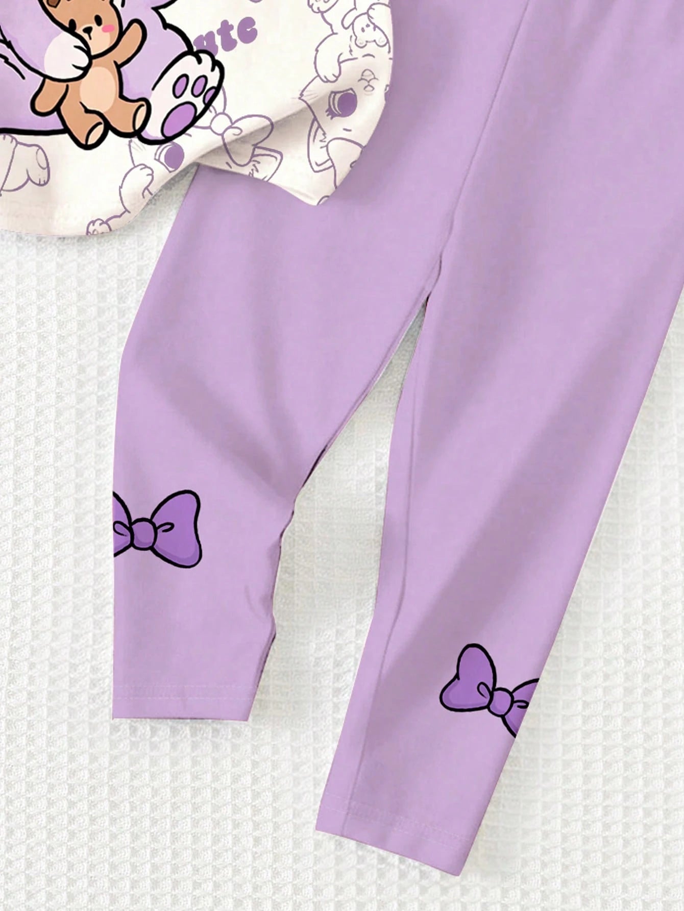 Baby Girl Cute Cat Print Cream White & Purple T-Shirt And Leggings Set, Summer Casual Soft Short Sleeve Outfits For Baby Girl 1-2 Years, Work & Daily Wear
