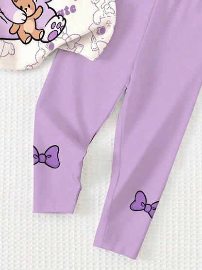 Baby Girl Cute Cat Print Cream White & Purple T-Shirt And Leggings Set, Summer Casual Soft Short Sleeve Outfits For Baby Girl 1-2 Years, Work & Daily Wear