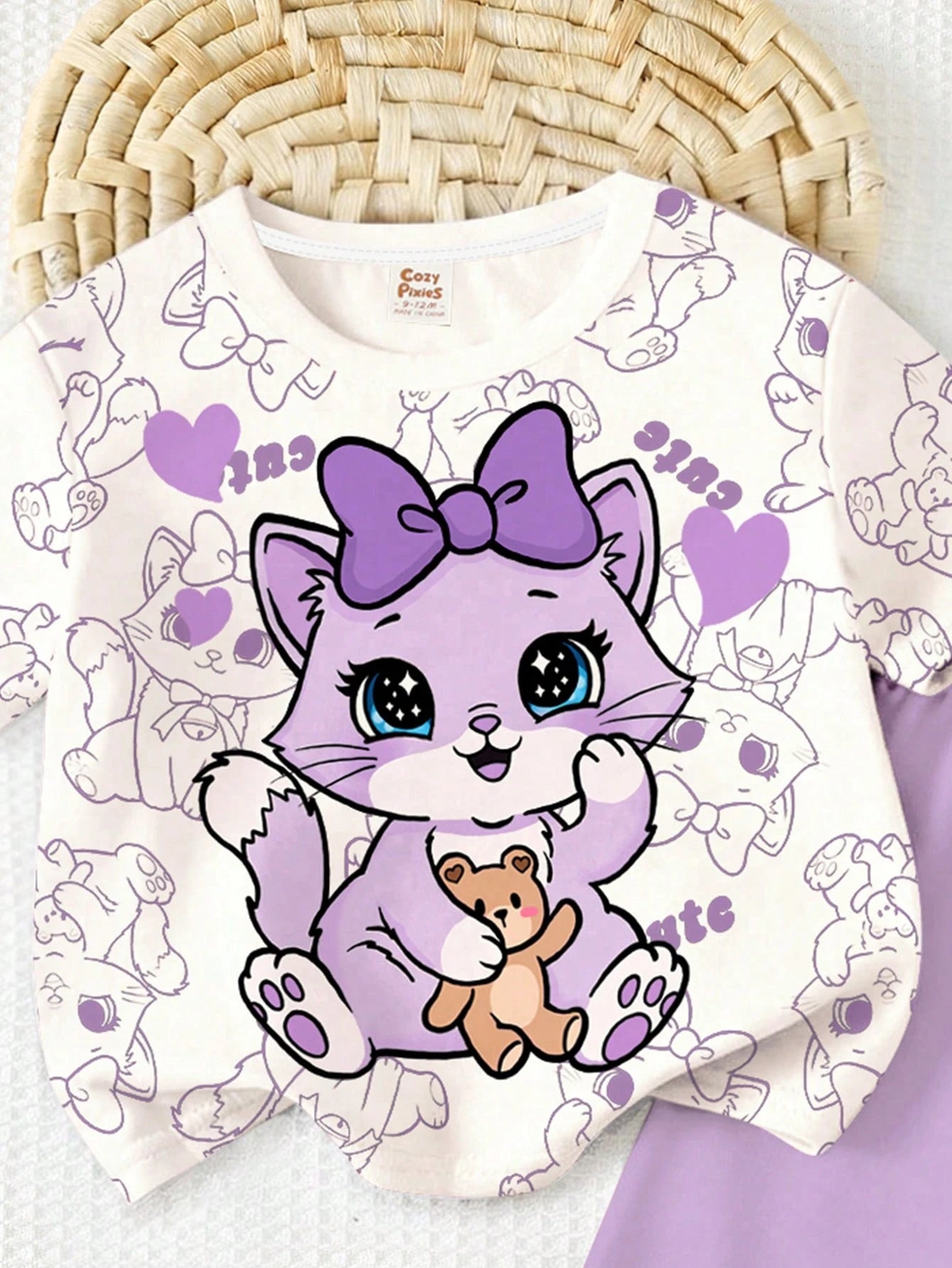 Baby Girl Cute Cat Print Cream White & Purple T-Shirt And Leggings Set, Summer Casual Soft Short Sleeve Outfits For Baby Girl 1-2 Years, Work & Daily Wear