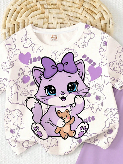 Baby Girl Cute Cat Print Cream White & Purple T-Shirt And Leggings Set, Summer Casual Soft Short Sleeve Outfits For Baby Girl 1-2 Years, Work & Daily Wear