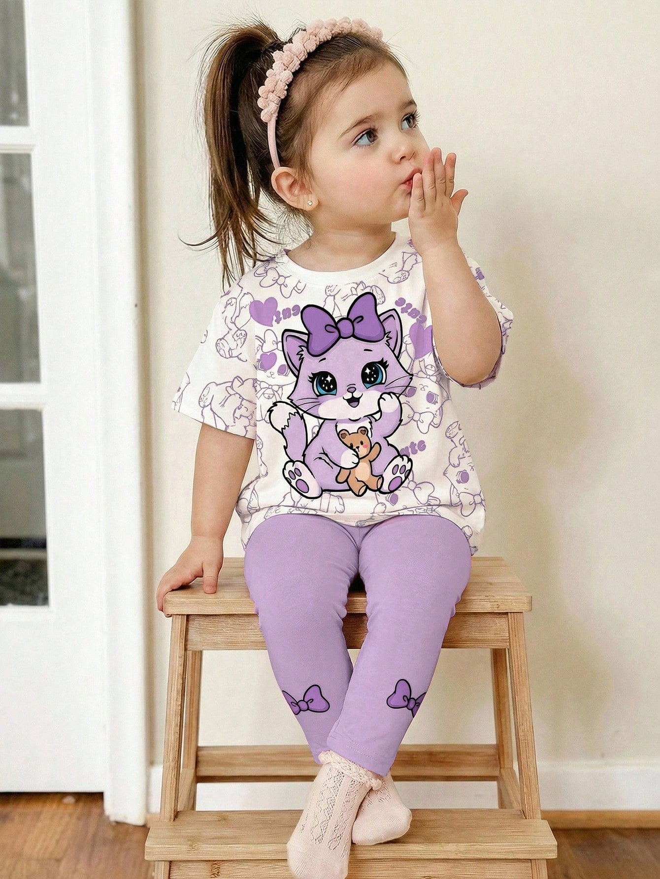 Baby Girl Cute Cat Print Cream White & Purple T-Shirt And Leggings Set, Summer Casual Soft Short Sleeve Outfits For Baby Girl 1-2 Years, Work & Daily Wear