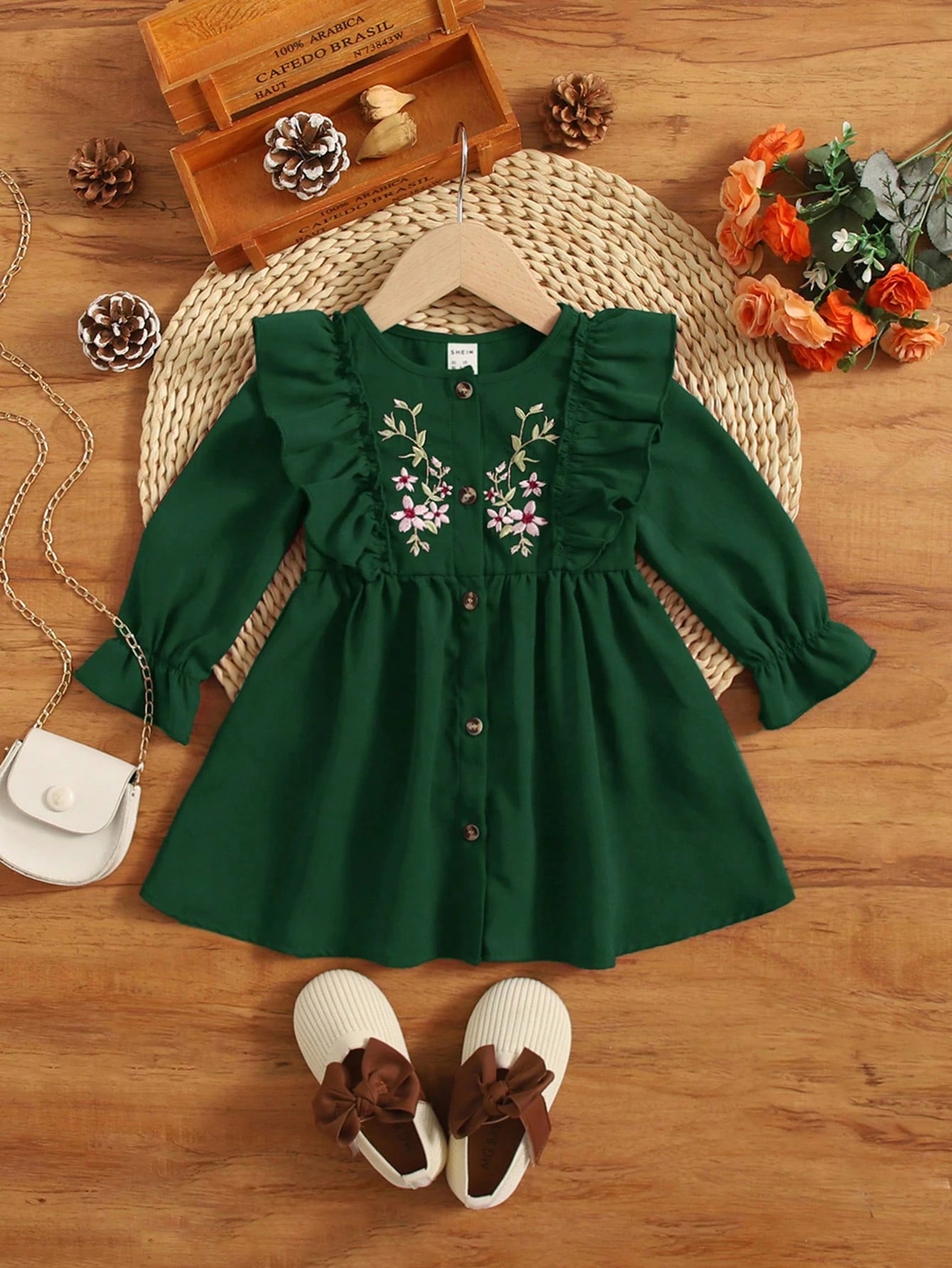 Baby Girl Floral Embroidery Ruffle Trim Flare Sleeve Dress