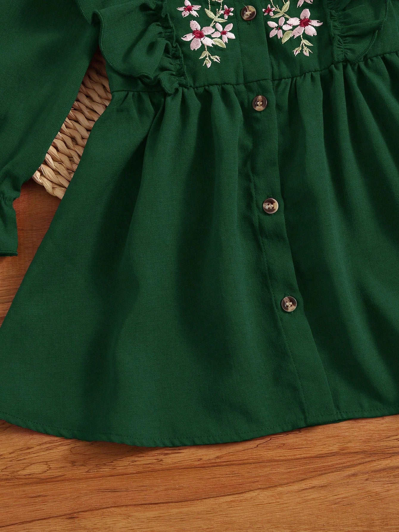 Baby Girl Floral Embroidery Ruffle Trim Flare Sleeve Dress