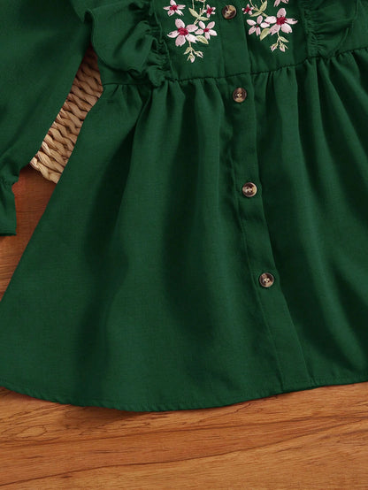 Baby Girl Floral Embroidery Ruffle Trim Flare Sleeve Dress