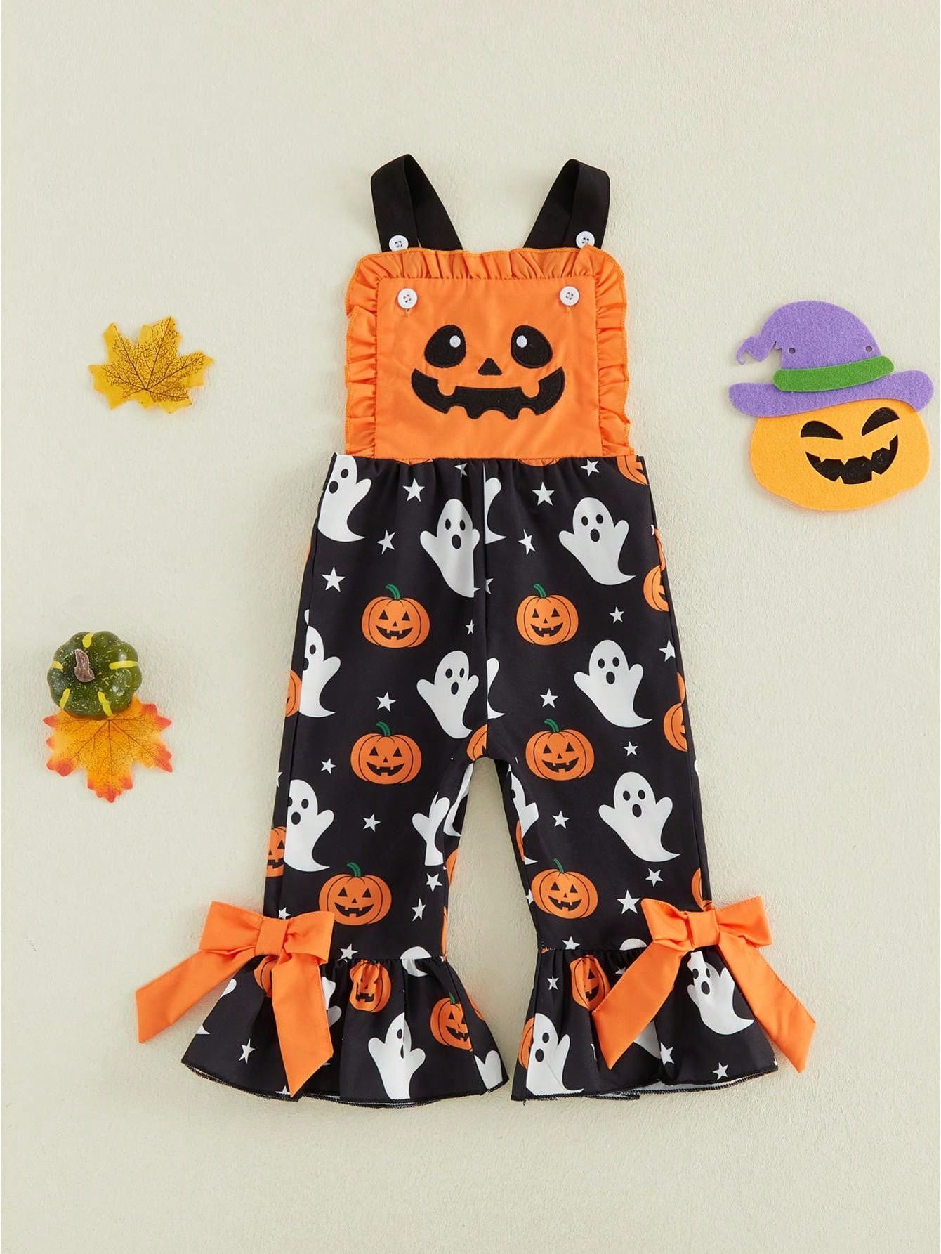 Baby Girl Halloween Jumpsuit Orange Pumpkin Ghost Print Ruffle Overalls With Bow Bell Bottoms Summer Fall Clothing Halloween Celebration