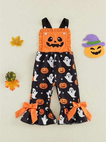 Baby Girl Halloween Jumpsuit Orange Pumpkin Ghost Print Ruffle Overalls With Bow Bell Bottoms Summer Fall Clothing Halloween Celebration