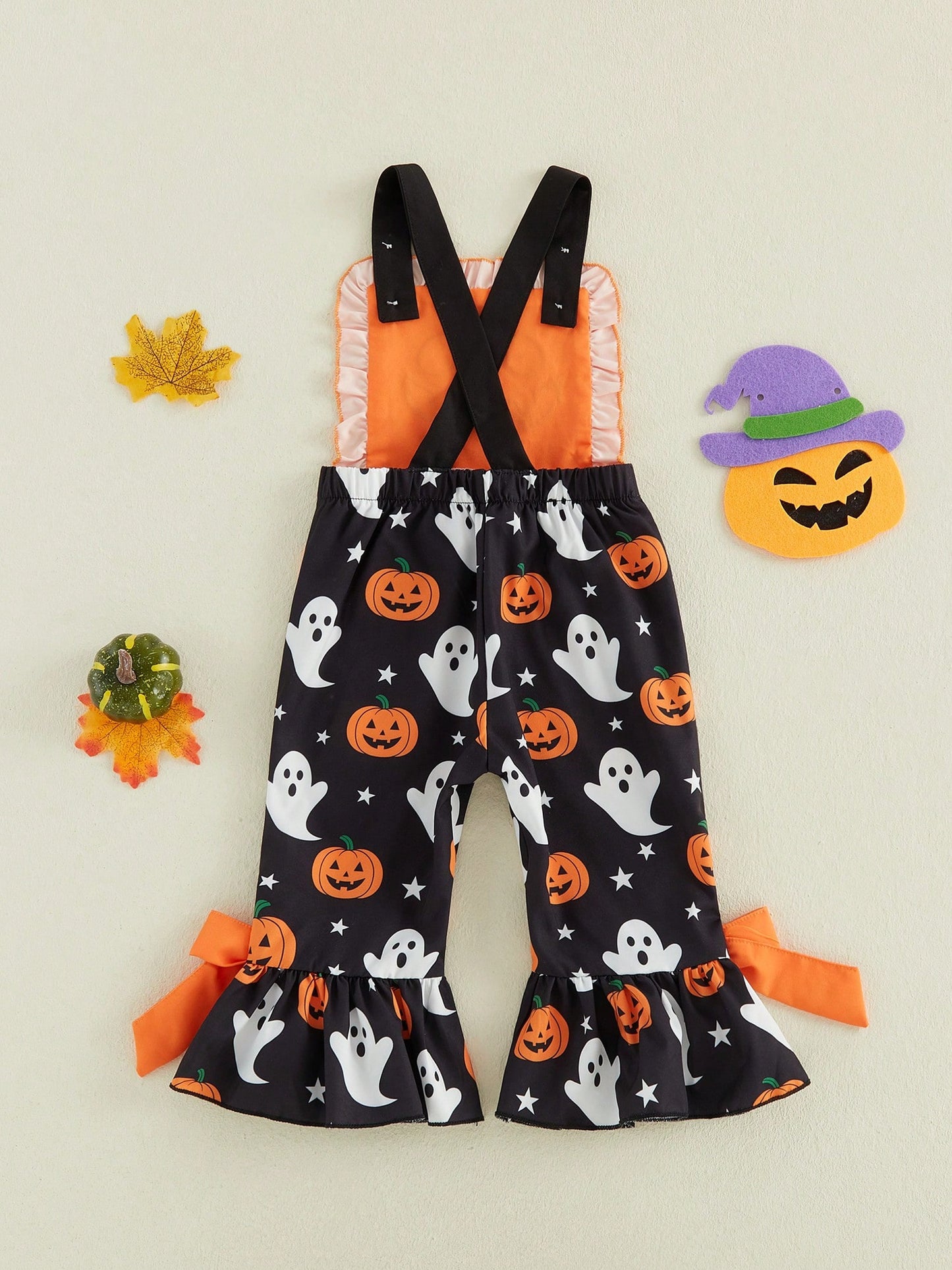 Baby Girl Halloween Jumpsuit Orange Pumpkin Ghost Print Ruffle Overalls With Bow Bell Bottoms Summer Fall Clothing Halloween Celebration