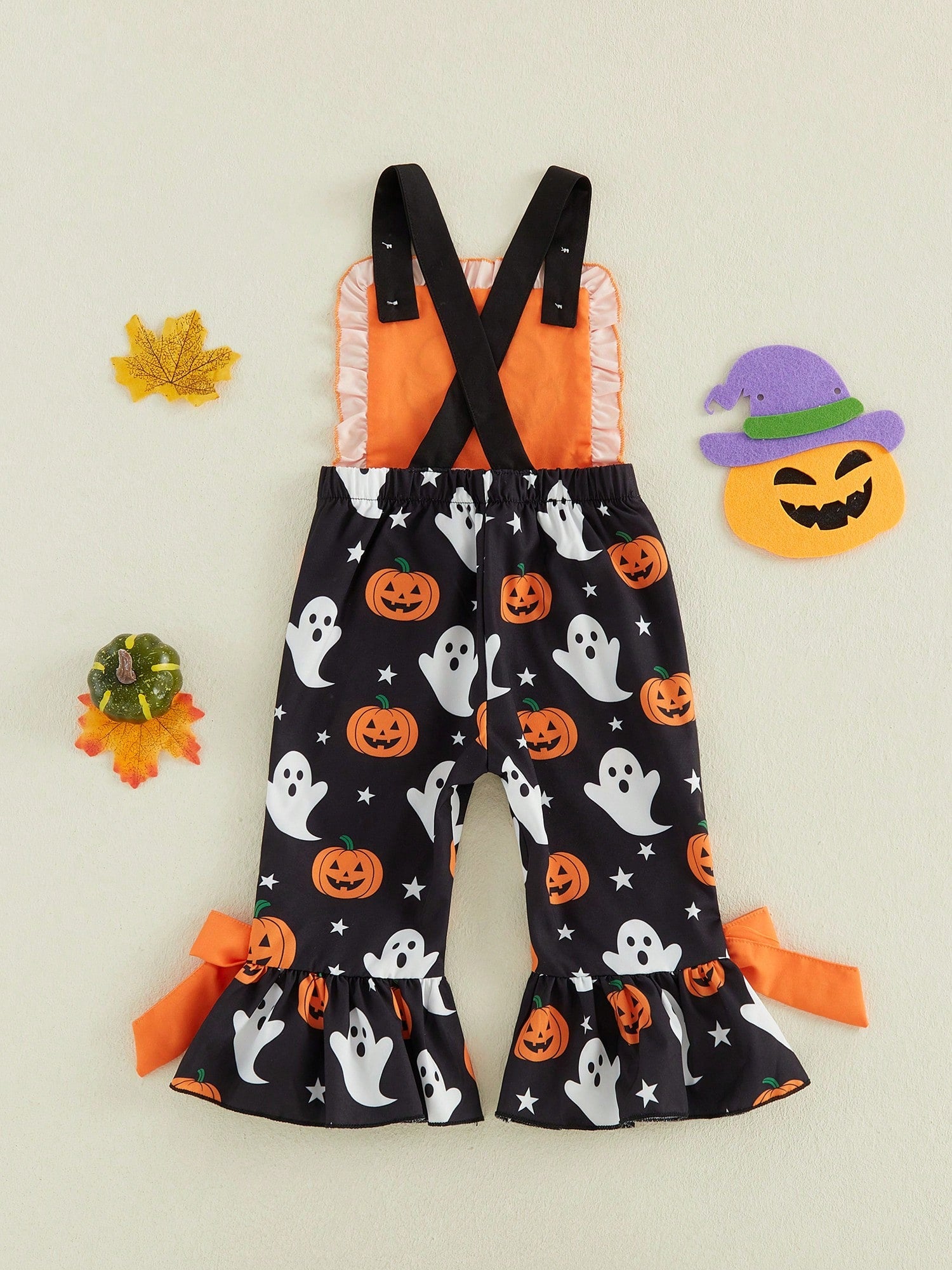 Baby Girl Halloween Jumpsuit Orange Pumpkin Ghost Print Ruffle Overalls With Bow Bell Bottoms Summer Fall Clothing Halloween Celebration